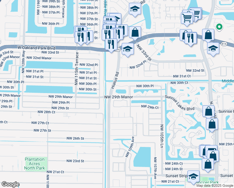 map of restaurants, bars, coffee shops, grocery stores, and more near 10971 Northwest 29th Manor in Sunrise