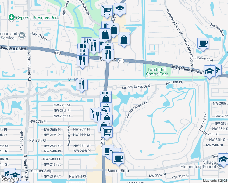 map of restaurants, bars, coffee shops, grocery stores, and more near 8100 Sunrise Lakes Drive North in Sunrise