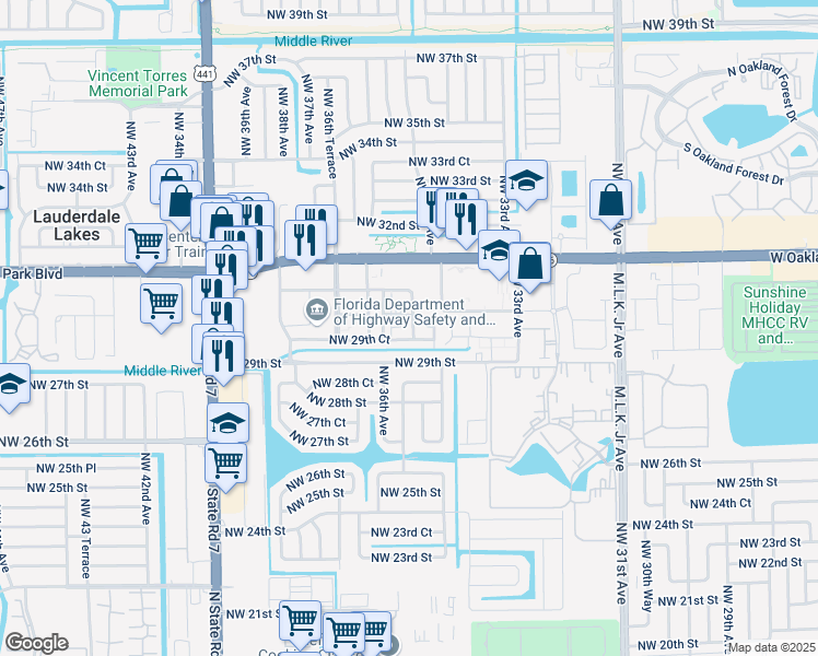 map of restaurants, bars, coffee shops, grocery stores, and more near 2993 NW 35th Road in Fort Lauderdale