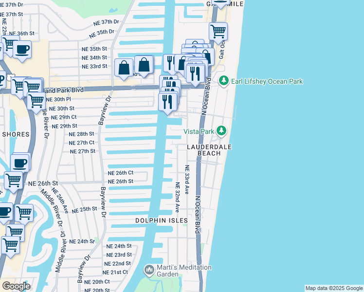 map of restaurants, bars, coffee shops, grocery stores, and more near 20 Northeast 28th Street in Fort Lauderdale