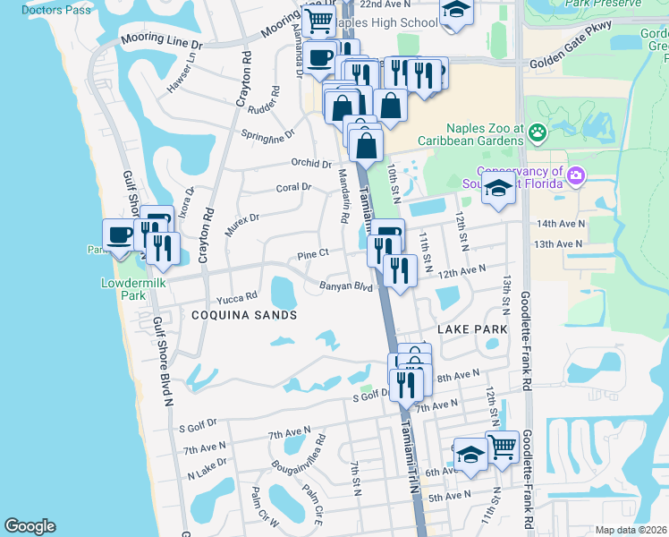 map of restaurants, bars, coffee shops, grocery stores, and more near 692 Pine Court in Naples