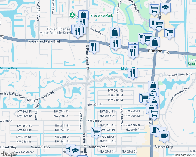map of restaurants, bars, coffee shops, grocery stores, and more near 8500 Sunrise Lakes Boulevard in Sunrise