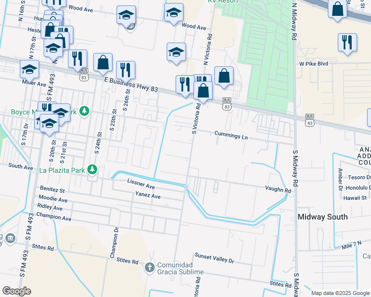 map of restaurants, bars, coffee shops, grocery stores, and more near 320 South Victoria Road in Donna