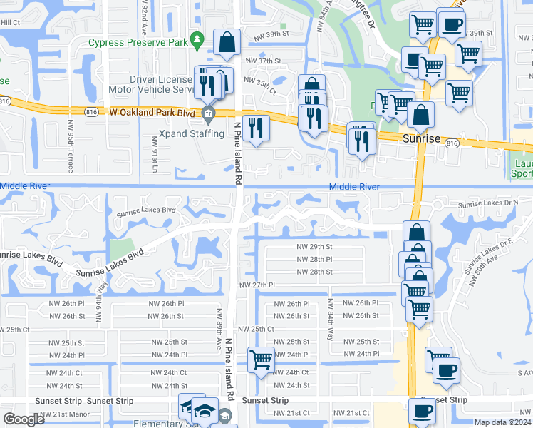 map of restaurants, bars, coffee shops, grocery stores, and more near 8500 Sunrise Lakes Boulevard in Sunrise