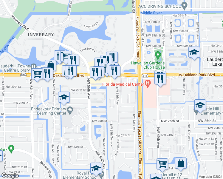 map of restaurants, bars, coffee shops, grocery stores, and more near 2801 Northwest 55th Avenue in Lauderhill