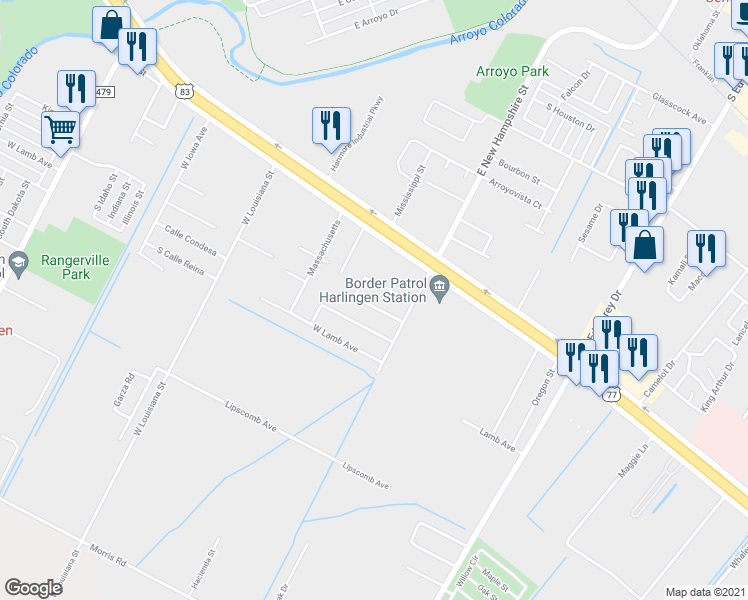 map of restaurants, bars, coffee shops, grocery stores, and more near 3625 Los Alamos Circle in Harlingen