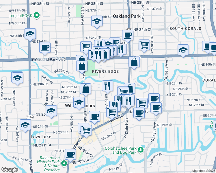 map of restaurants, bars, coffee shops, grocery stores, and more near 2824 Northeast 9th Terrace in Wilton Manors