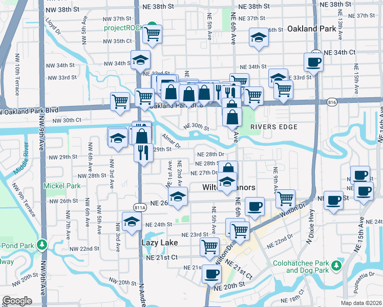 map of restaurants, bars, coffee shops, grocery stores, and more near 2825 Northeast 3rd Terrace in Wilton Manors