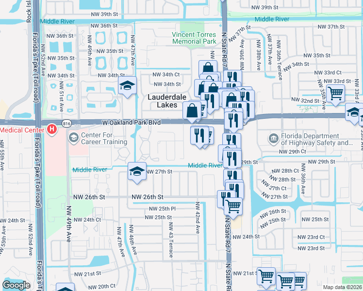 map of restaurants, bars, coffee shops, grocery stores, and more near 2980 Northwest 43 Terrace in Lauderdale Lakes