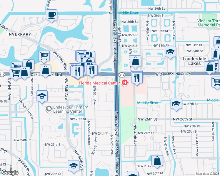 map of restaurants, bars, coffee shops, grocery stores, and more near k126 Northwest 55th Avenue in Lauderhill