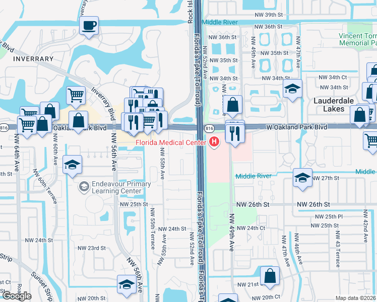 map of restaurants, bars, coffee shops, grocery stores, and more near k126 Northwest 55th Avenue in Lauderhill