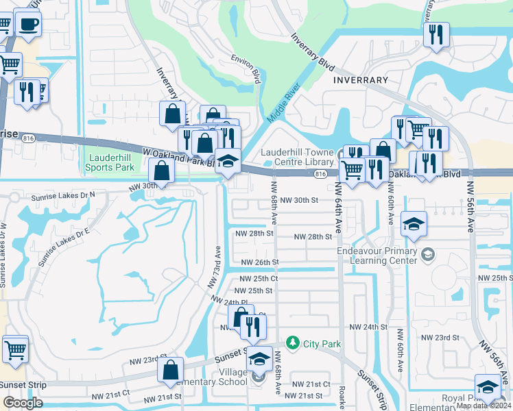 map of restaurants, bars, coffee shops, grocery stores, and more near 2970 Northwest 68th Way in Sunrise
