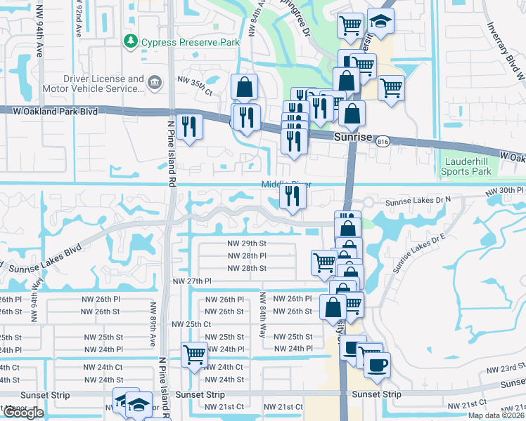 map of restaurants, bars, coffee shops, grocery stores, and more near in Sunrise