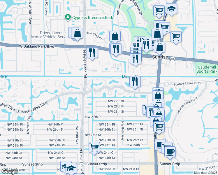 map of restaurants, bars, coffee shops, grocery stores, and more near in Sunrise