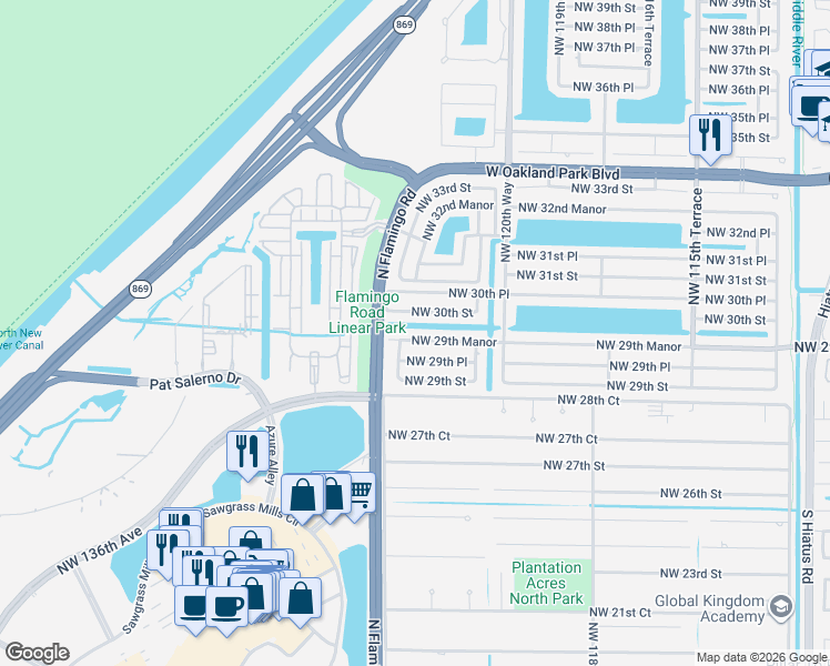 map of restaurants, bars, coffee shops, grocery stores, and more near 12351 Northwest 29th Manor in Sunrise