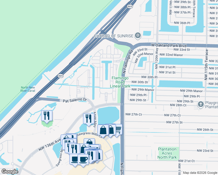 map of restaurants, bars, coffee shops, grocery stores, and more near 3041 Northwest 125th Way in Sunrise