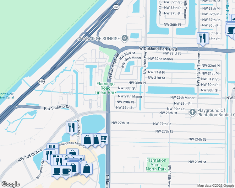 map of restaurants, bars, coffee shops, grocery stores, and more near 12351 Northwest 29th Manor in Sunrise