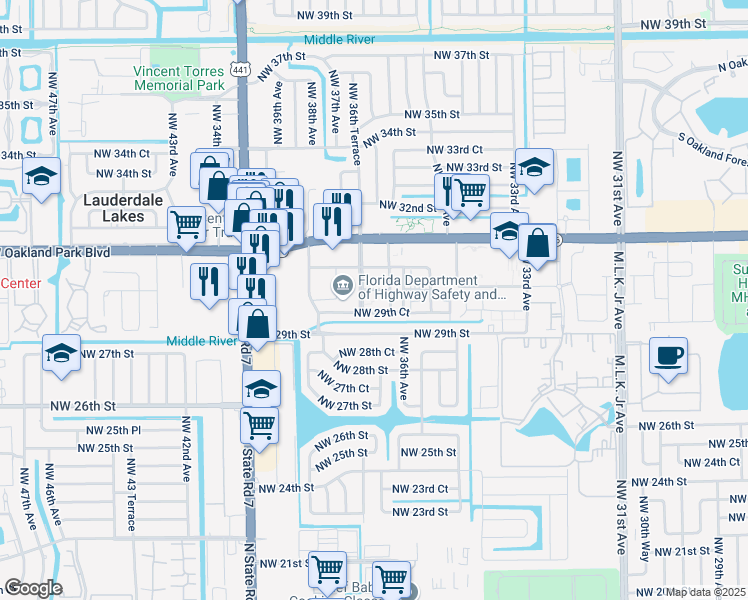 map of restaurants, bars, coffee shops, grocery stores, and more near 2995 Northwest 36th Avenue in Lauderdale Lakes