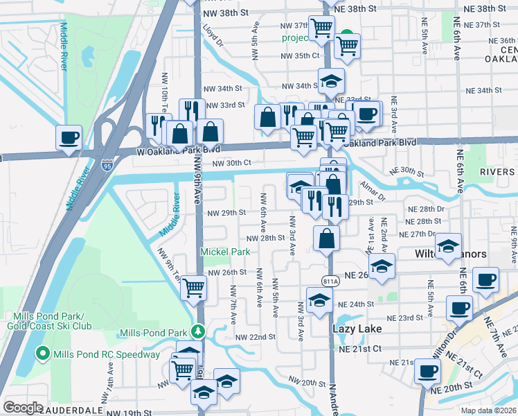 map of restaurants, bars, coffee shops, grocery stores, and more near 601 Northwest 29th Street in Wilton Manors