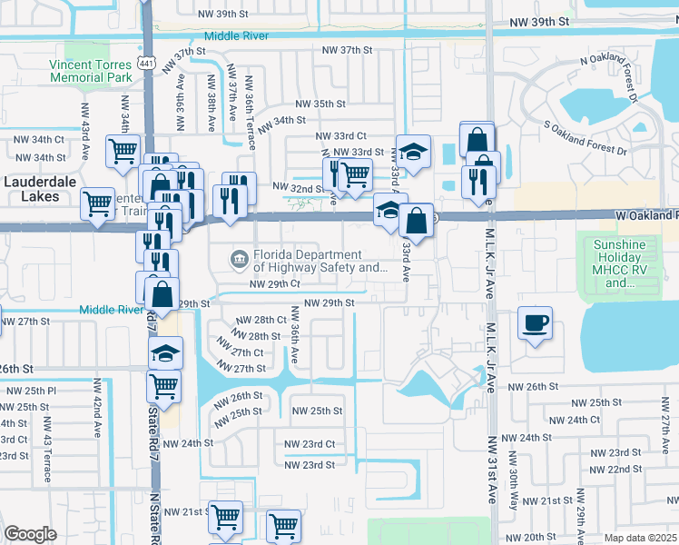 map of restaurants, bars, coffee shops, grocery stores, and more near 2998 Northwest 30th Street in Lauderdale Lakes