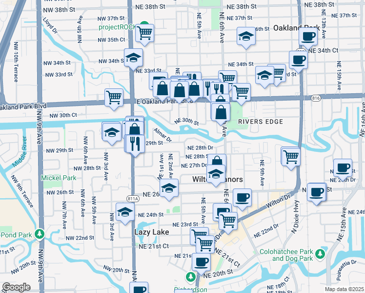 map of restaurants, bars, coffee shops, grocery stores, and more near 2825 Northeast 3rd Terrace in Wilton Manors