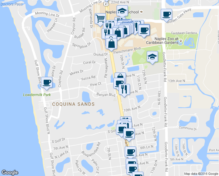 map of restaurants, bars, coffee shops, grocery stores, and more near 1330 Mandarin Road in Naples