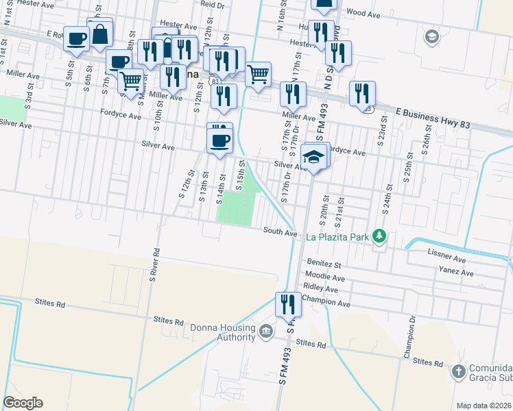 map of restaurants, bars, coffee shops, grocery stores, and more near 509 South 16th Street in Donna