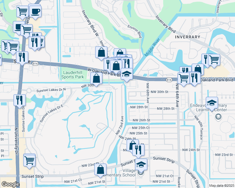 map of restaurants, bars, coffee shops, grocery stores, and more near 2920 East Aragon Boulevard in Sunrise