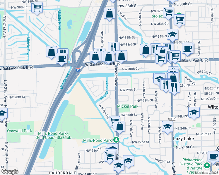 map of restaurants, bars, coffee shops, grocery stores, and more near 2907 Northwest 9th Terrace in Wilton Manors