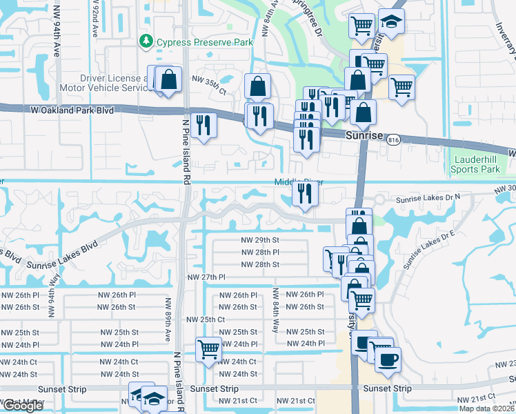 map of restaurants, bars, coffee shops, grocery stores, and more near in Sunrise