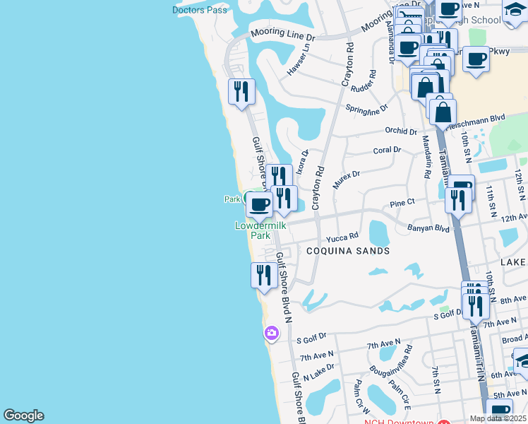 map of restaurants, bars, coffee shops, grocery stores, and more near 1301 Gulf Shore Boulevard North in Naples