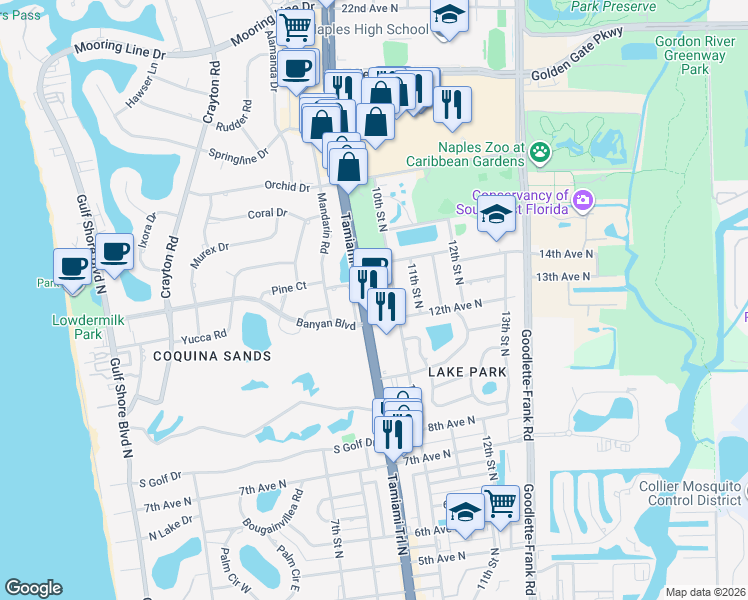 map of restaurants, bars, coffee shops, grocery stores, and more near 1250 Tamiami Trail North in Naples