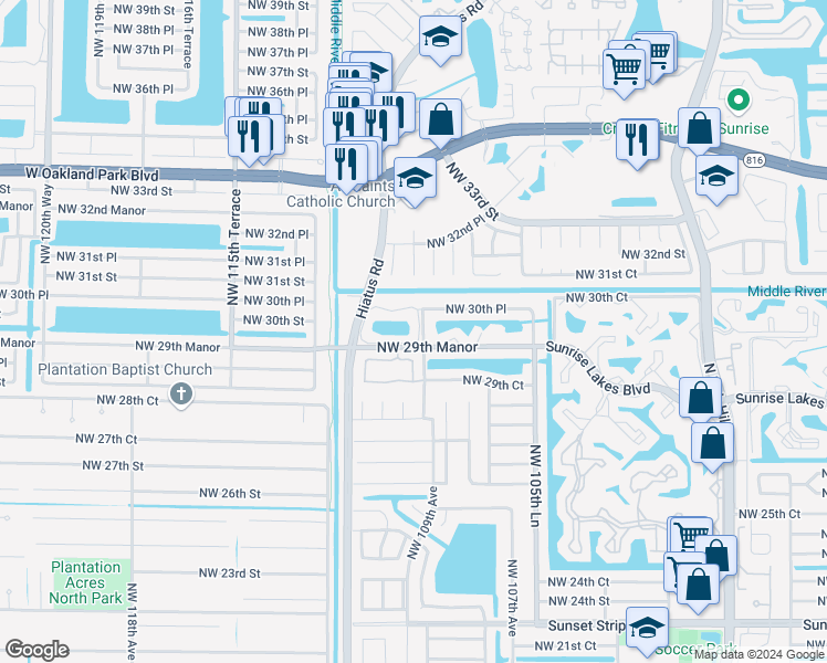 map of restaurants, bars, coffee shops, grocery stores, and more near 3029 Northwest 109th Avenue in Sunrise