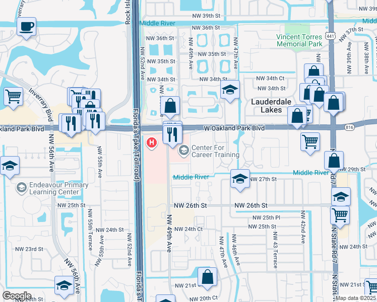 map of restaurants, bars, coffee shops, grocery stores, and more near 510 Northwest 48th Terrace in Lauderdale Lakes
