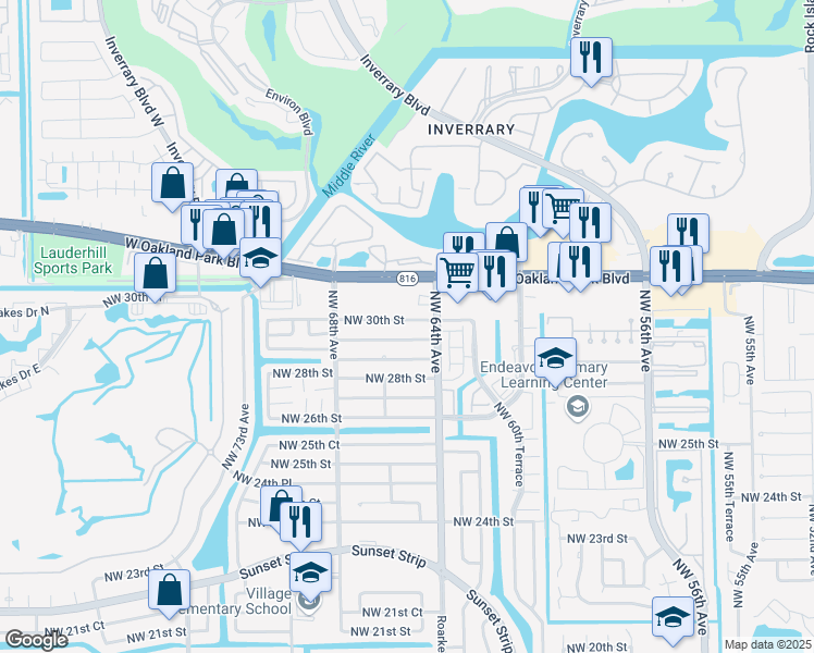 map of restaurants, bars, coffee shops, grocery stores, and more near 6480 Northwest 30th Street in Sunrise