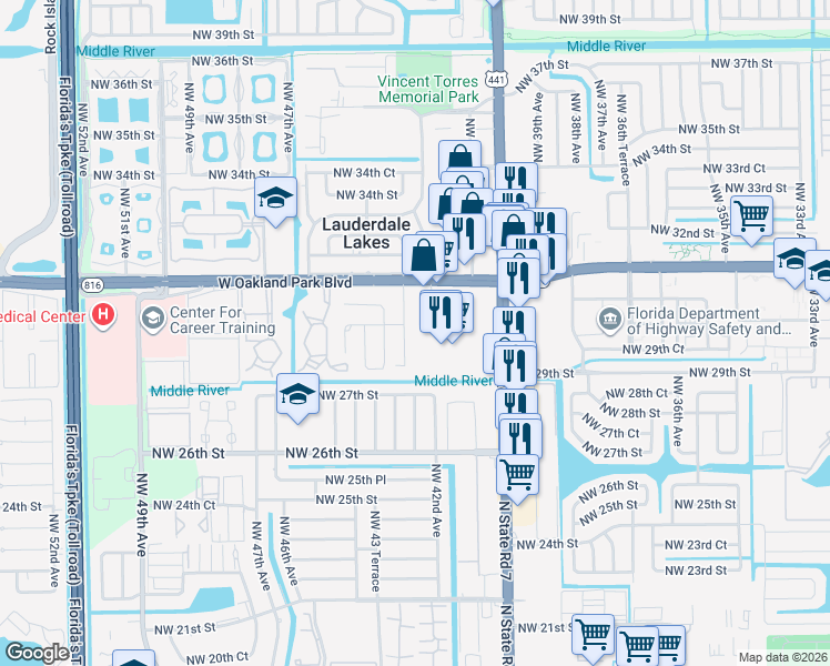 map of restaurants, bars, coffee shops, grocery stores, and more near 2980 Northwest 43 Terrace in Lauderdale Lakes