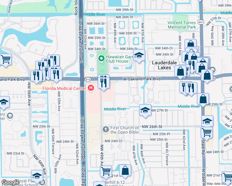 map of restaurants, bars, coffee shops, grocery stores, and more near 510 Northwest 48th Terrace in Lauderdale Lakes