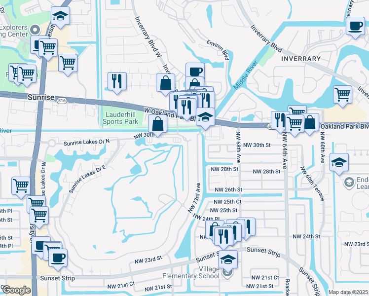 map of restaurants, bars, coffee shops, grocery stores, and more near 2901 East Aragon Boulevard in Sunrise