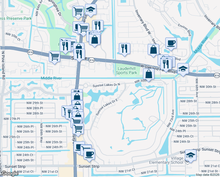 map of restaurants, bars, coffee shops, grocery stores, and more near 7960 Sunrise Lakes Drive North in Sunrise