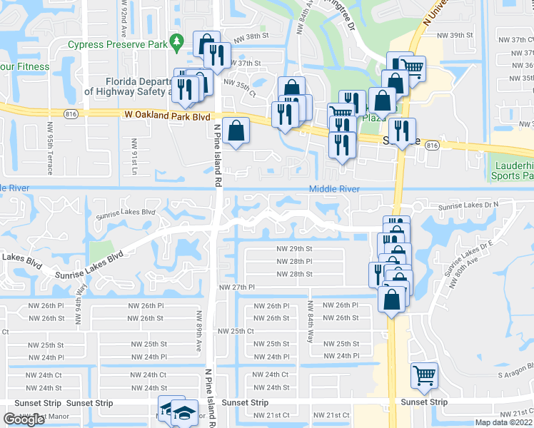 map of restaurants, bars, coffee shops, grocery stores, and more near 8610 Sunrise Lakes Boulevard in Sunrise