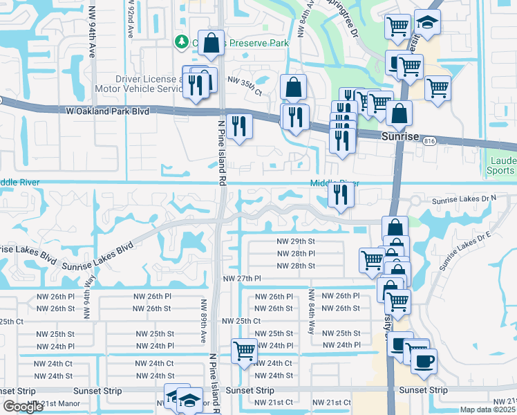 map of restaurants, bars, coffee shops, grocery stores, and more near 8610 Sunrise Lakes Boulevard in Sunrise