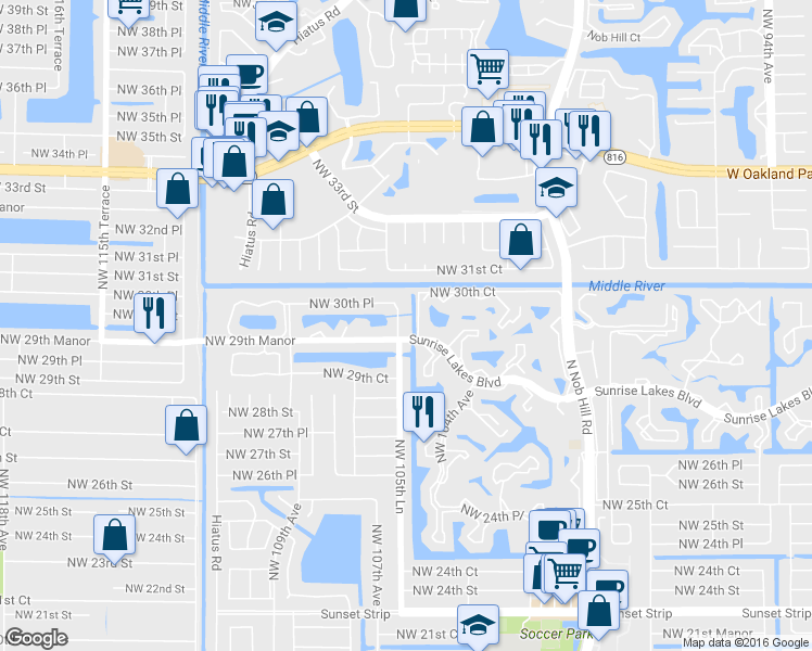 map of restaurants, bars, coffee shops, grocery stores, and more near 2975 Northwest 106th Avenue in Sunrise