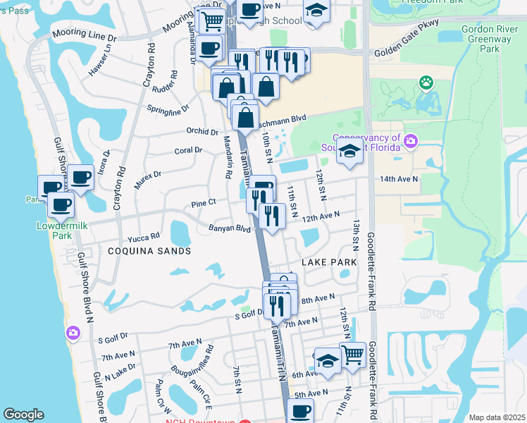 map of restaurants, bars, coffee shops, grocery stores, and more near 1250 Tamiami Trail North in Naples