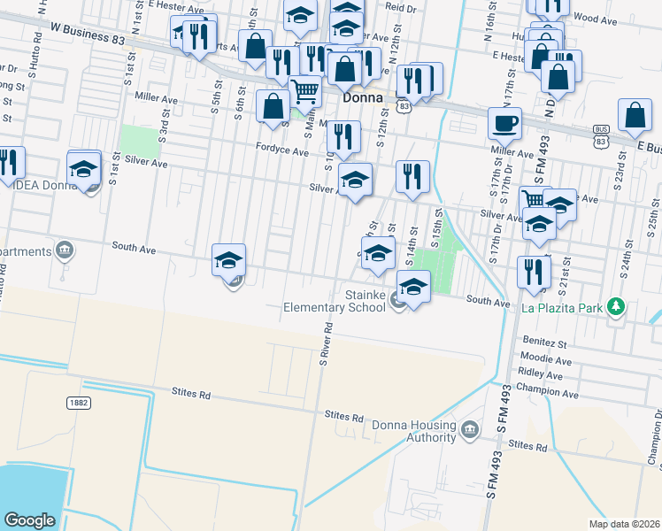 map of restaurants, bars, coffee shops, grocery stores, and more near 521 S 11th St in Donna