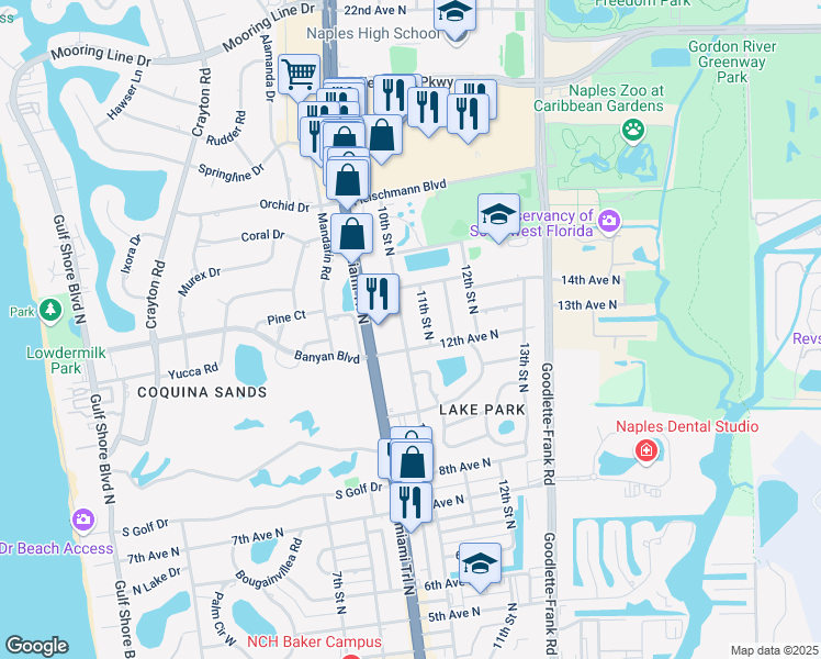 map of restaurants, bars, coffee shops, grocery stores, and more near 1262 10th Street North in Naples