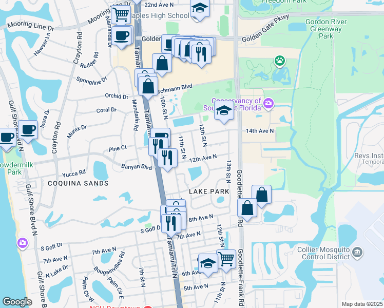 map of restaurants, bars, coffee shops, grocery stores, and more near 1243 11th Court North in Naples