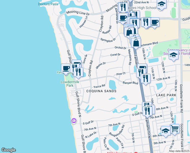 map of restaurants, bars, coffee shops, grocery stores, and more near 371 Banyan Boulevard in Naples