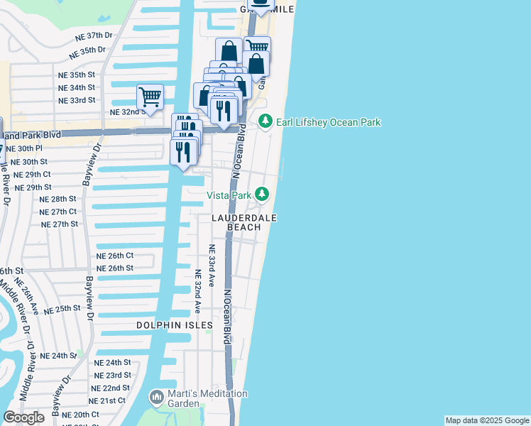 map of restaurants, bars, coffee shops, grocery stores, and more near 2816 North Atlantic Boulevard in Fort Lauderdale