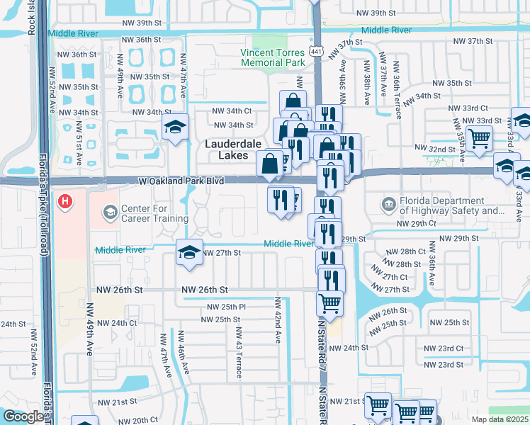 map of restaurants, bars, coffee shops, grocery stores, and more near 2980 Northwest 43 Terrace in Lauderdale Lakes