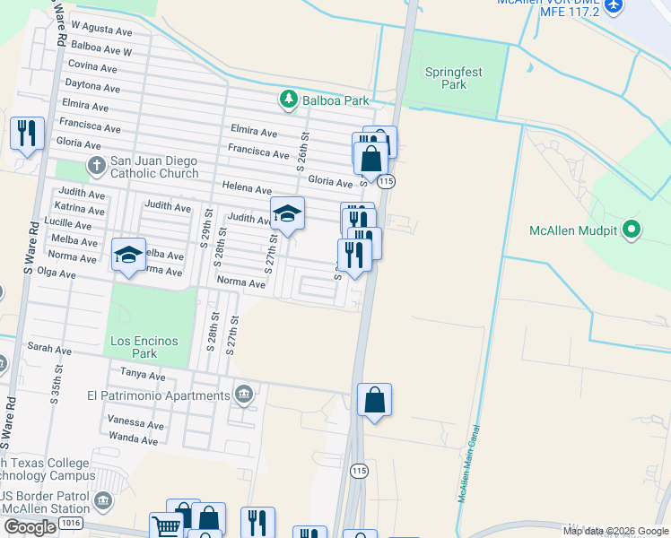 map of restaurants, bars, coffee shops, grocery stores, and more near 2413 Lucille Avenue in McAllen